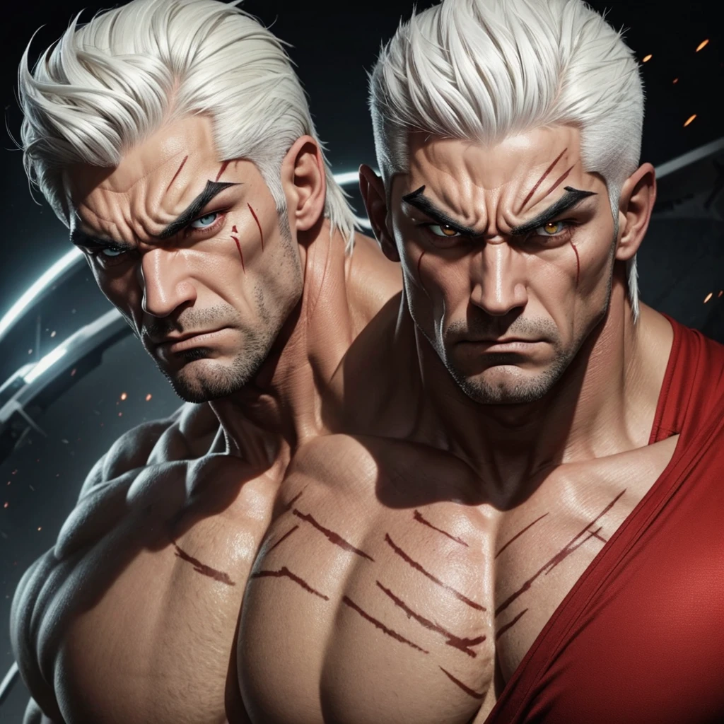 Strong muscular man giving an angry look (high quality) he has white hair yellow eyes a scar on his face a red line starting from his eyebrow to under his eye high quality 