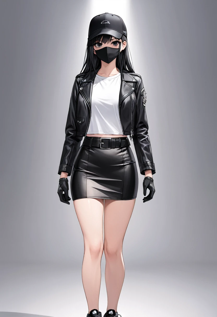 Black miniskirt , Black sneakers , white t-shirt , Black leather jacket , pencil skirt , Leather skirt , whole body , thighs , black hair , black eyes , straight hair , black ball cap , long sleeves , bare legs , face , close up , Black gloves , standing posture , black mask , waist belt
