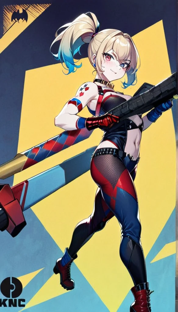 1girl wearing a black combat suit with dark blue accents and red on the boots and gloves, a stylised Batman symbol on the chest with light blue details, short aerodynamic cape, blonde hair with blue and red tips in a high ponytail or loose, bold eyeliner, carrying personalized batarangs with diamond design, collapsible hammer and advanced gadgets, athletic and agile physique, confident as Batleen but more relaxed as Harleen Quinzel, combining elements of Batman and Harley Quinn in an anime-style design