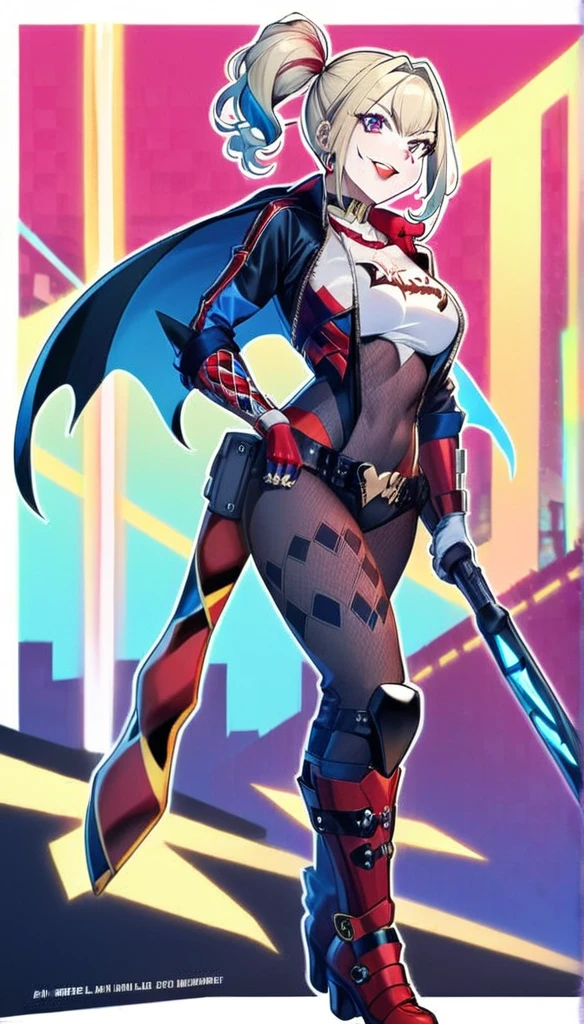 1girl wearing a black combat suit with dark blue accents and red on the boots and gloves, a stylised Batman symbol on the chest with light blue details, short aerodynamic cape, blonde hair with blue and red tips in a high ponytail or loose, bold eyeliner, carrying personalized batarangs with diamond design, collapsible hammer and advanced gadgets, athletic and agile physique, confident as Batleen but more relaxed as Harleen Quinzel, combining elements of Batman and Harley Quinn in an anime-style design