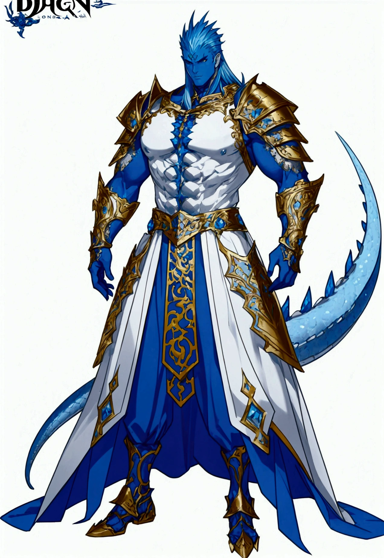 Motion concept character art on white background. dnd. A giant half-blue dragon warlord powerful warrior. Character has perfect body proportions, tall, slim, and muscular. Character wears ornate silver full body armor with a lot of intricate details and gold metal decoration. Background is blank