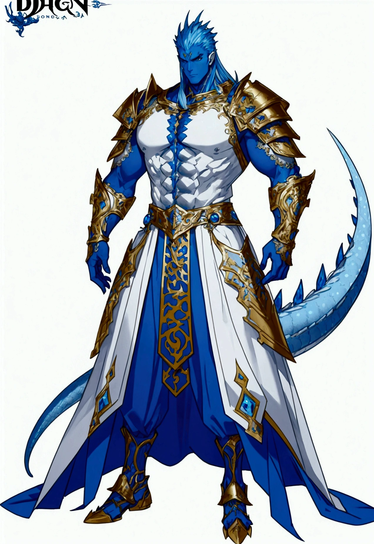 Motion concept character art on white background. dnd. A giant half-blue dragon warlord powerful warrior. Character has perfect body proportions, tall, slim, and muscular. Character wears ornate silver full body armor with a lot of intricate details and gold metal decoration. Background is blank