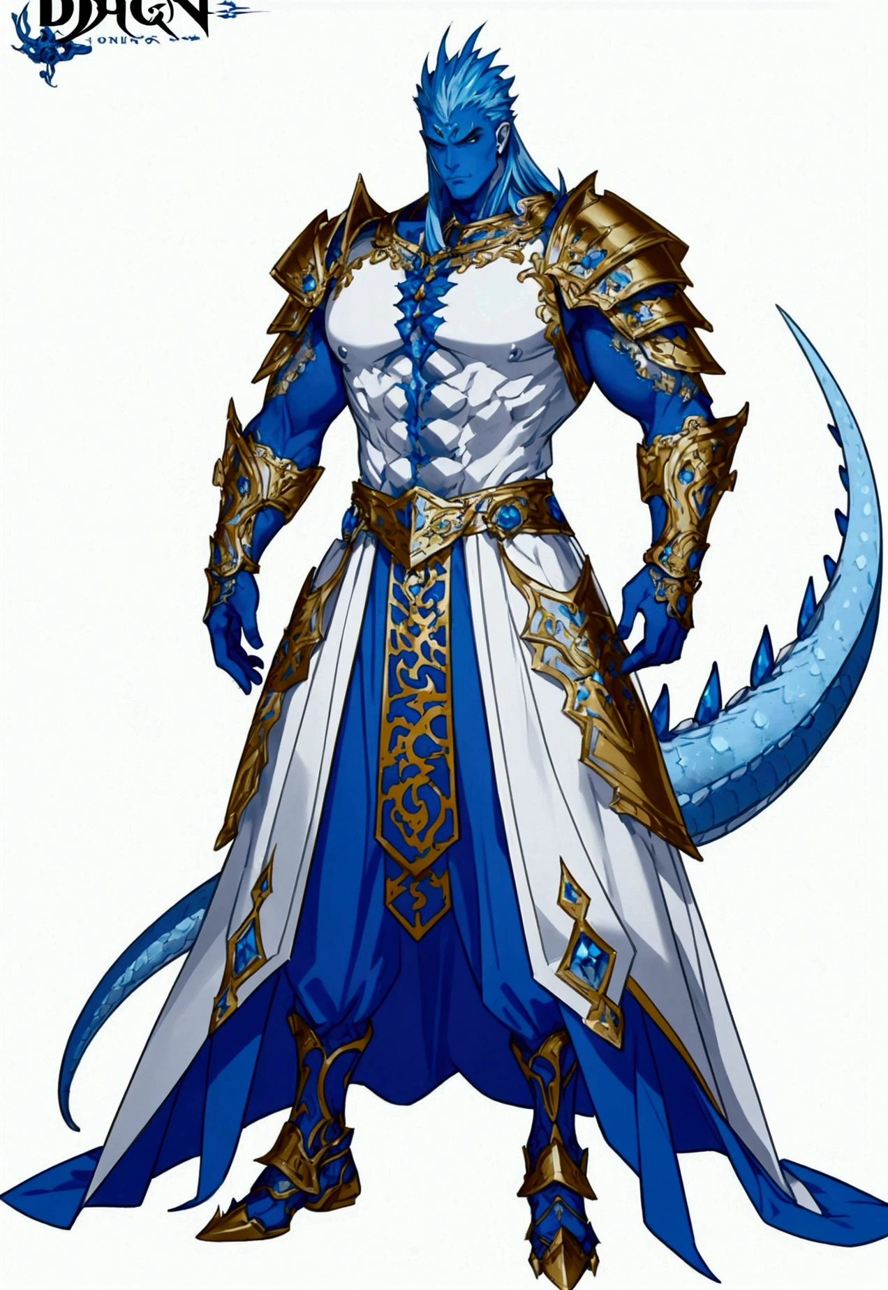 Motion concept character art on white background. dnd. A giant half-blue dragon warlord powerful warrior. Character has perfect body proportions, tall, slim, and muscular. Character wears ornate silver full body armor with a lot of intricate details and gold metal decoration. Background is blank