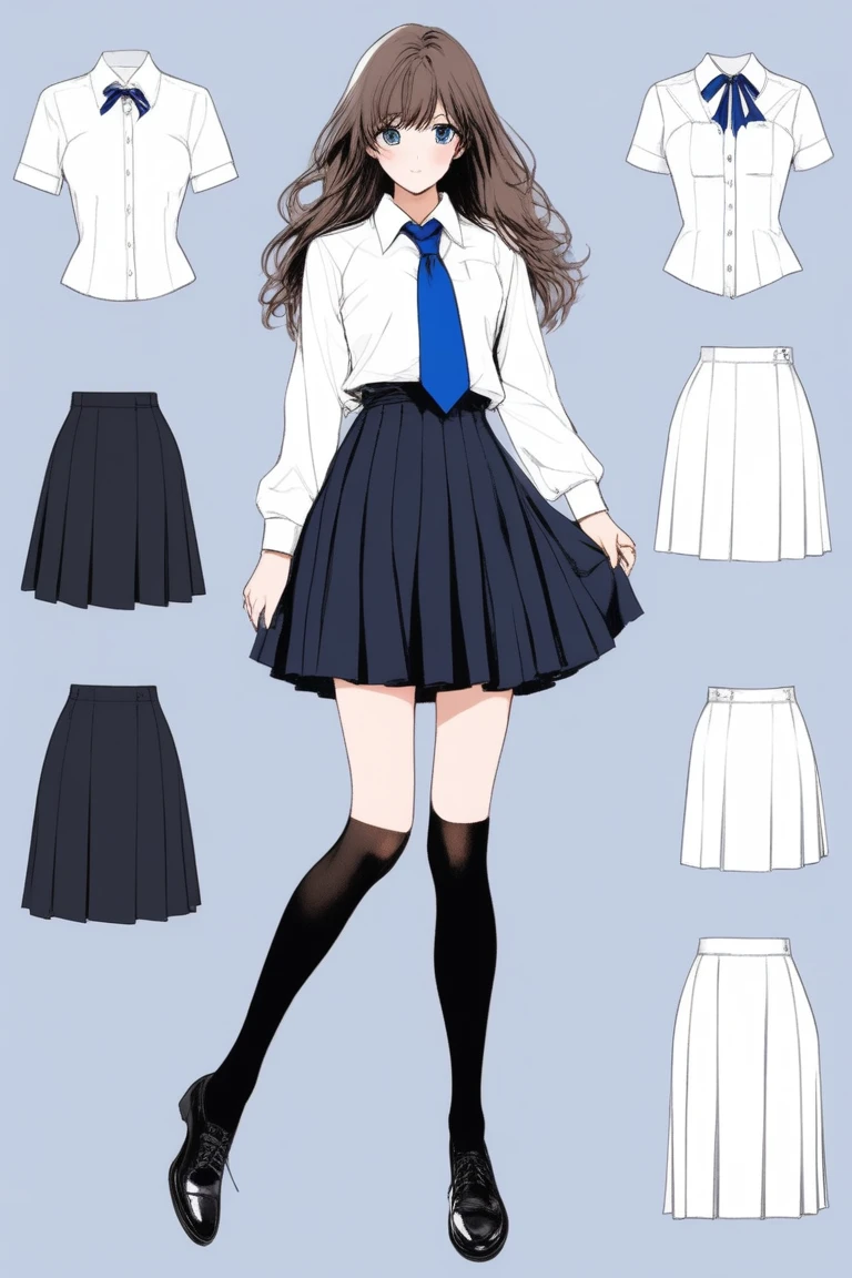 (Best quality, sketch:1.2),realistic,illustrator,anime,1 girl, details, [full length female mannequin], (photographic portrait), White shirt with blue tie, black skirt, sun skirt, fluffy skirt, knee length skirt, (black, nylon stockings), Low-heeled shoes, school shoes, black туфли, high-waisted skirt, skirt with corset, (good anatomy of the body, Ideal body anatomy), (detailed clothing), (decorations), decorations на одежде, decorations в виде цветов, decorations с гвоздиками