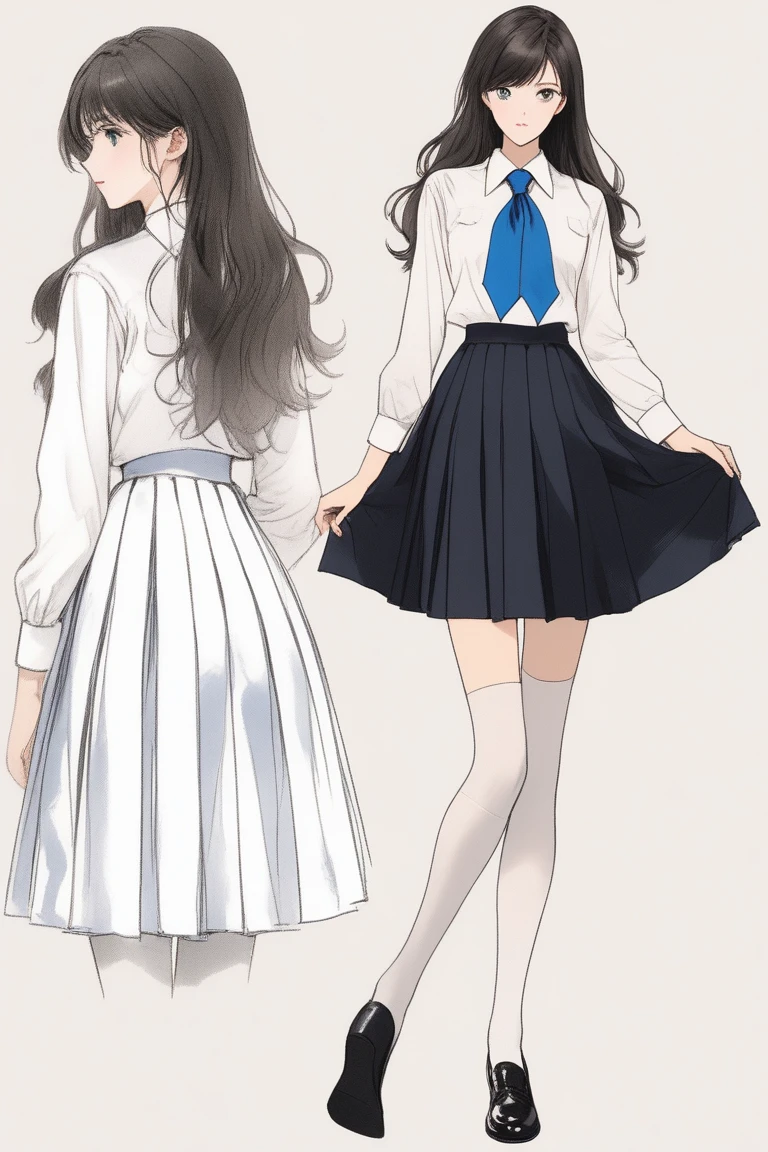 (Best quality, sketch:1.2),realistic,illustrator,anime,1 girl, details, [full length female mannequin], (photographic portrait), White shirt with blue tie, black skirt, sun skirt, fluffy skirt, knee length skirt, (black, nylon stockings), Low-heeled shoes, school shoes, black туфли, high-waisted skirt, skirt with corset, (good anatomy of the body, Ideal body anatomy), (detailed clothing), (decorations), decorations на одежде, decorations в виде цветов, decorations с гвоздиками
