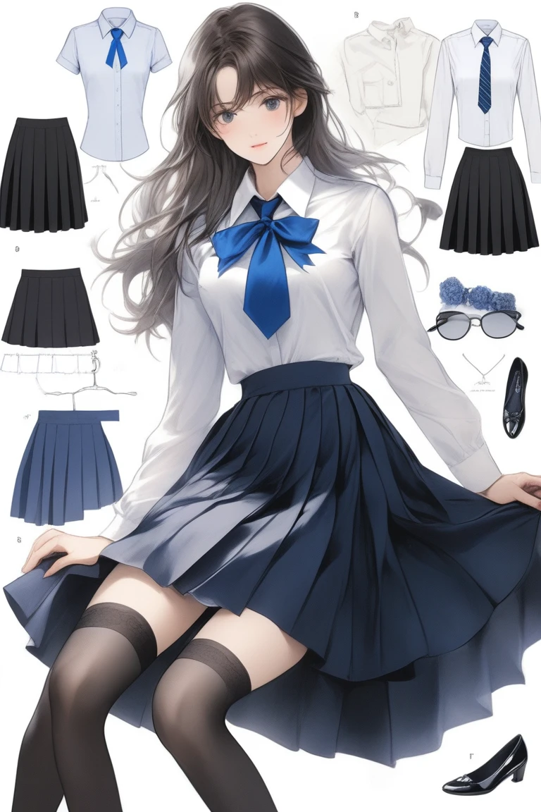 (Best quality, sketch:1.2),realistic,illustrator,anime,1 girl, details, [full length female mannequin], (photographic portrait), White shirt with blue tie, black skirt, sun skirt, fluffy skirt, knee length skirt, (black, nylon stockings), Low-heeled shoes, school shoes, black туфли, high-waisted skirt, skirt with corset, (good anatomy of the body, Ideal body anatomy), (detailed clothing), (decorations), decorations на одежде, decorations в виде цветов, decorations с гвоздиками