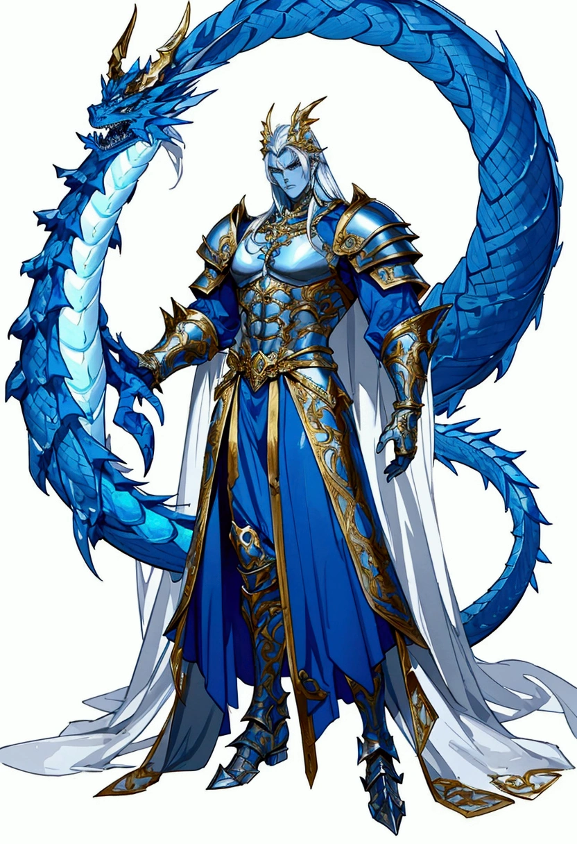 Motion concept character art on white background. dnd. A giant half-blue dragon warlord powerful warrior. Character has perfect body proportions, tall, slim, and muscular. Character wears ornate silver full body armor with a lot of intricate details and gold metal decoration. Background is blank