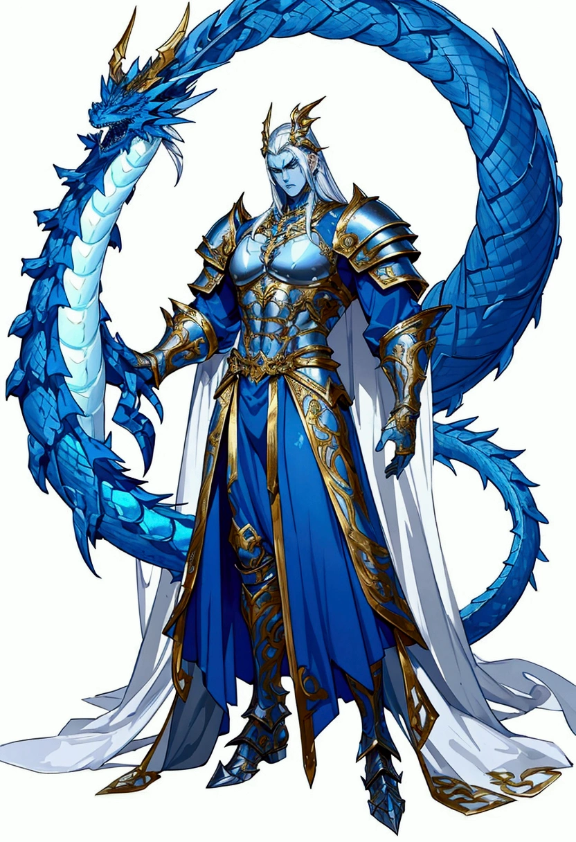 Motion concept character art on white background. dnd. A giant half-blue dragon warlord powerful warrior. Character has perfect body proportions, tall, slim, and muscular. Character wears ornate silver full body armor with a lot of intricate details and gold metal decoration. Background is blank