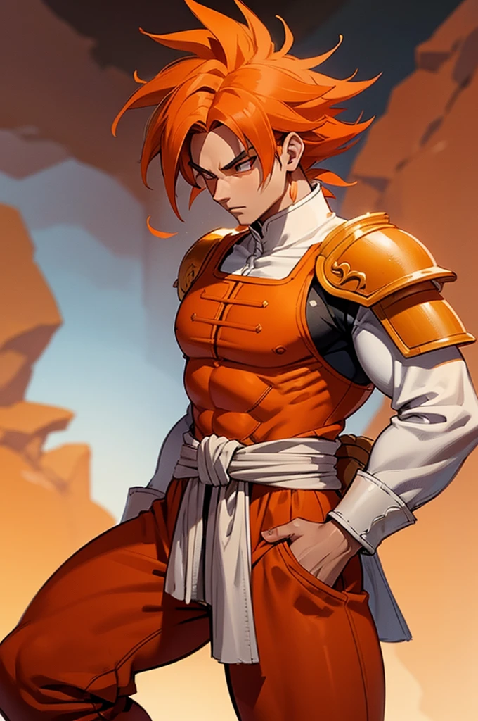 Tanned, athletic male with long, orange saiyan hair, not too muscular, wearing orange armour plating, wearing red feathers around his waist, in fantasy style,