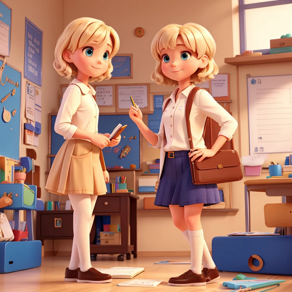 Dana is a white teacher with short golden hair and she meets boys and girls in a room with colors and notebooks.