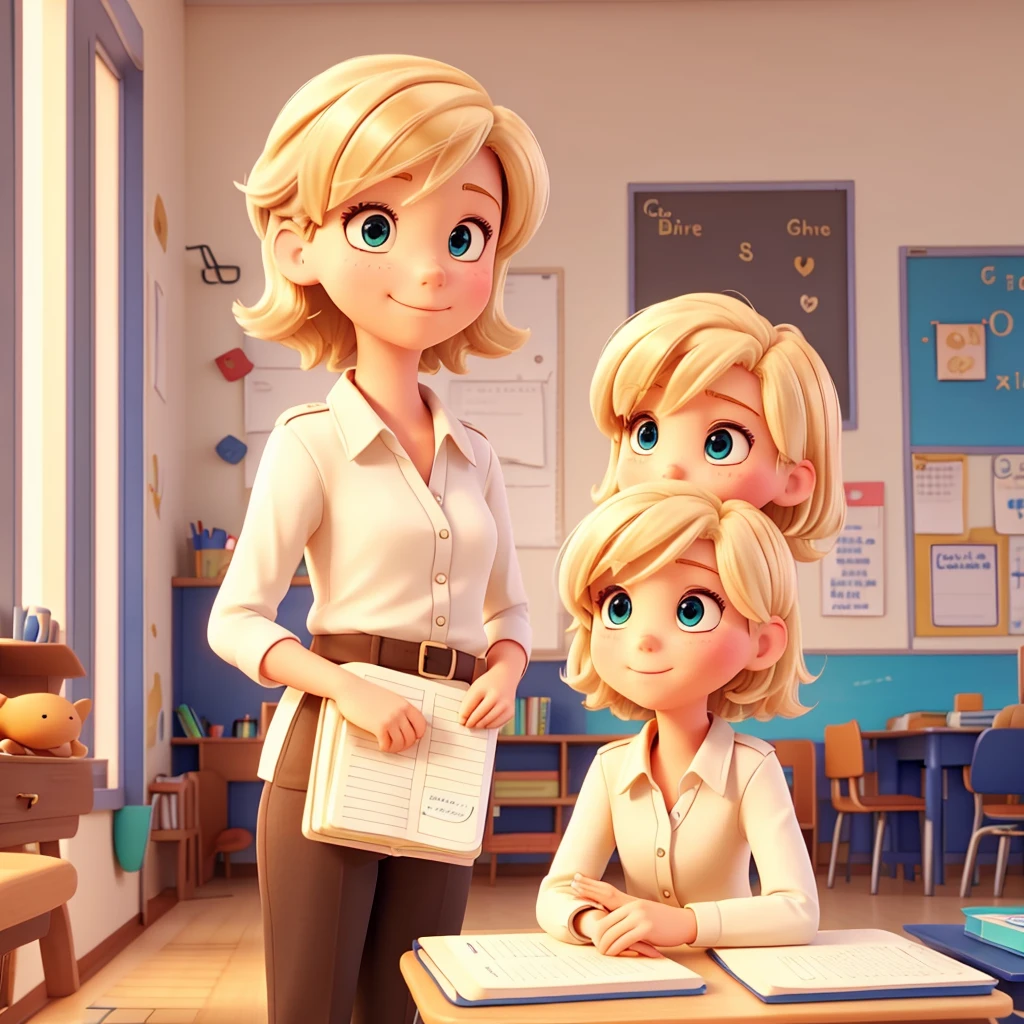 Dana is a white teacher with short hair and she meets boys and girls in a room with colors and notebooks.