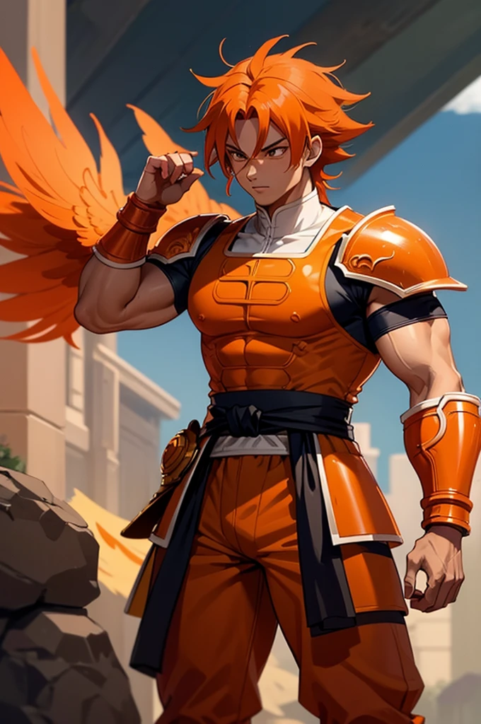 Tanned, young athletic male with long, orange saiyan hair, not too muscular, wearing orange armour plating, wearing red feathers around his waist, in fantasy style,