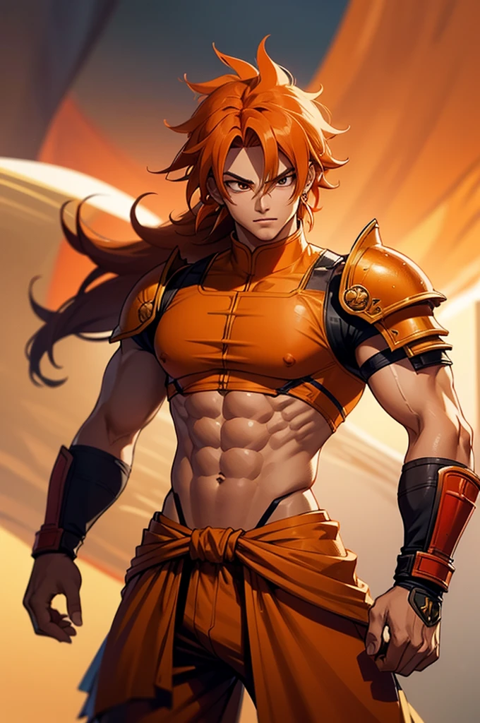 Tanned, young athletic male with long, orange saiyan hair, not too muscular, wearing orange armour plating, wearing red feathers around his waist, in fantasy style,