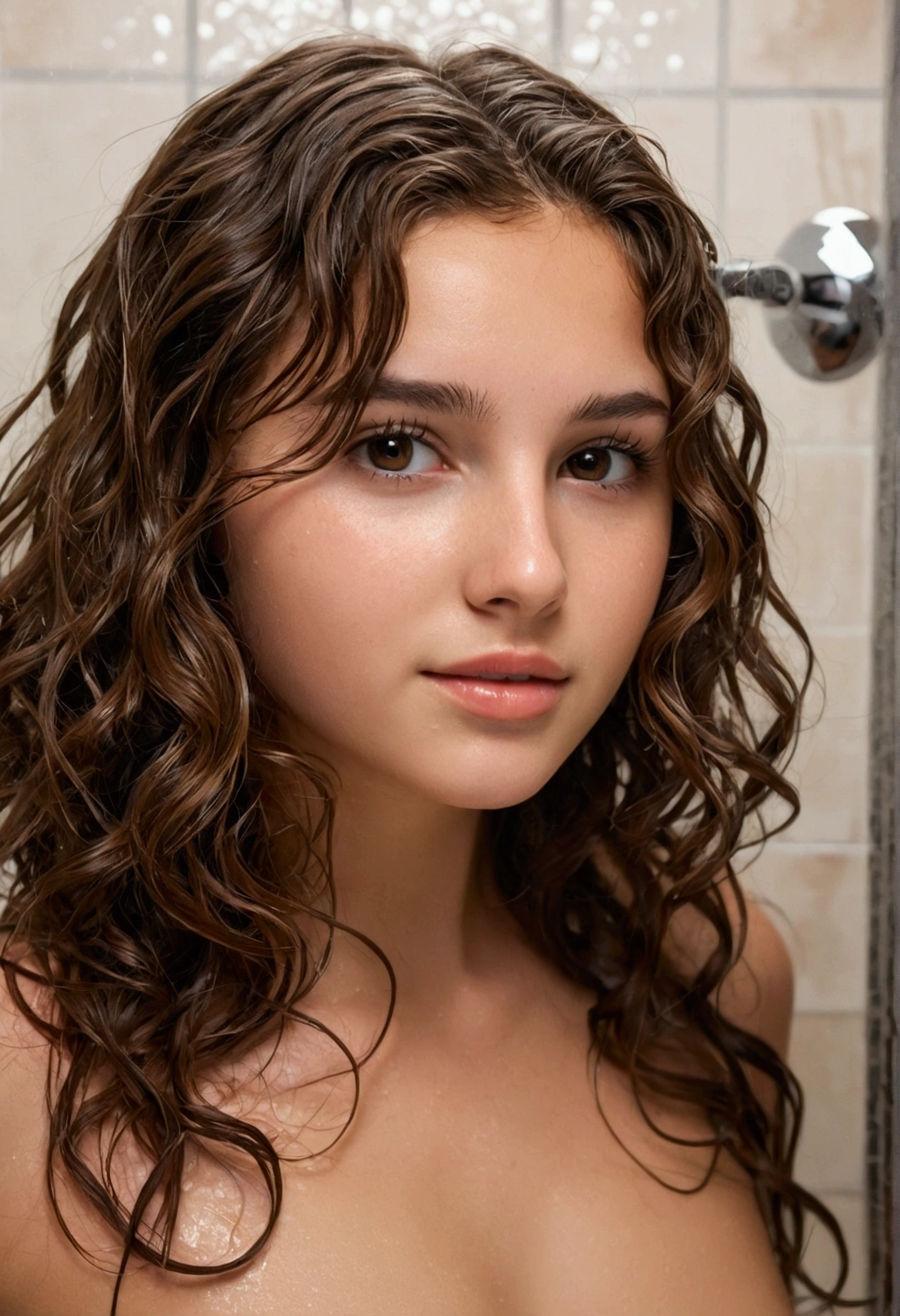 19 year old woman, wavy brown hair, brown eyes, normal chest, in the shower, sexy pose (20)