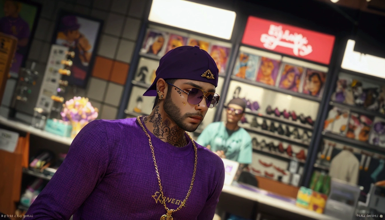men wearing purple shirt, purple cap, gold chain, tattooed, black glasses