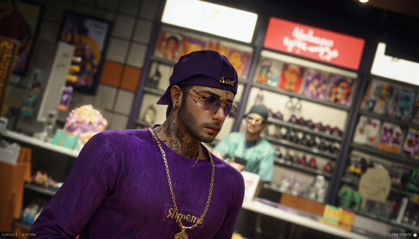 men wearing purple shirt, purple cap, gold chain, tattooed, black glasses