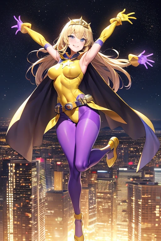 ((best quality)), ((masterpiece)), (detailed), 1 girl, Full body, 19 years old, Smiling face, Blue eyes, Star-shaped tiara, Arms outstretched, Arms behind waist, Blue superhero mask, Blushing, Blonde hair, Straight hair, Long hair, Bangs, 2 star clips in hair, Full body, Medium breasts, Slim body, Hands with yellow stars, Yellow wristbands, Long yellow gloves, Purple gloves, Purple gloves, Superhero costume, Superheroes, Yellow leotard suit, With a big yellow star in the center, Star emblem, Somewhat tight, Long yellow cape on waist, Red belt, Purple legs, Purple pantyhose, Flying, City background, Anime
