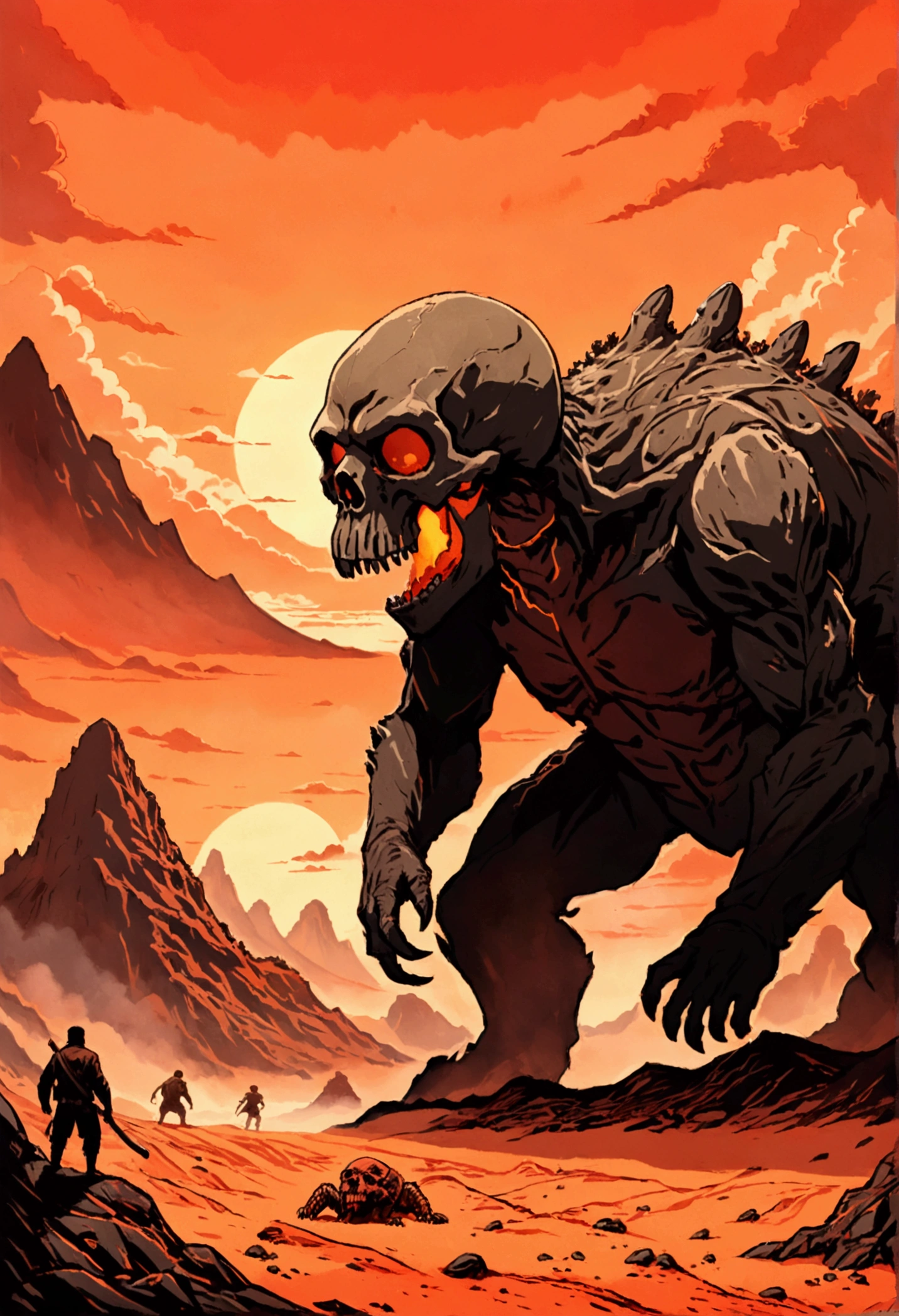 ( best quality ) a giant , skullcrawler ( monster of the movie Kong : Skull island ) seen in profile on a landscape who's like a desert with a red/orange sky, crawling in the ground ( detailed ) 