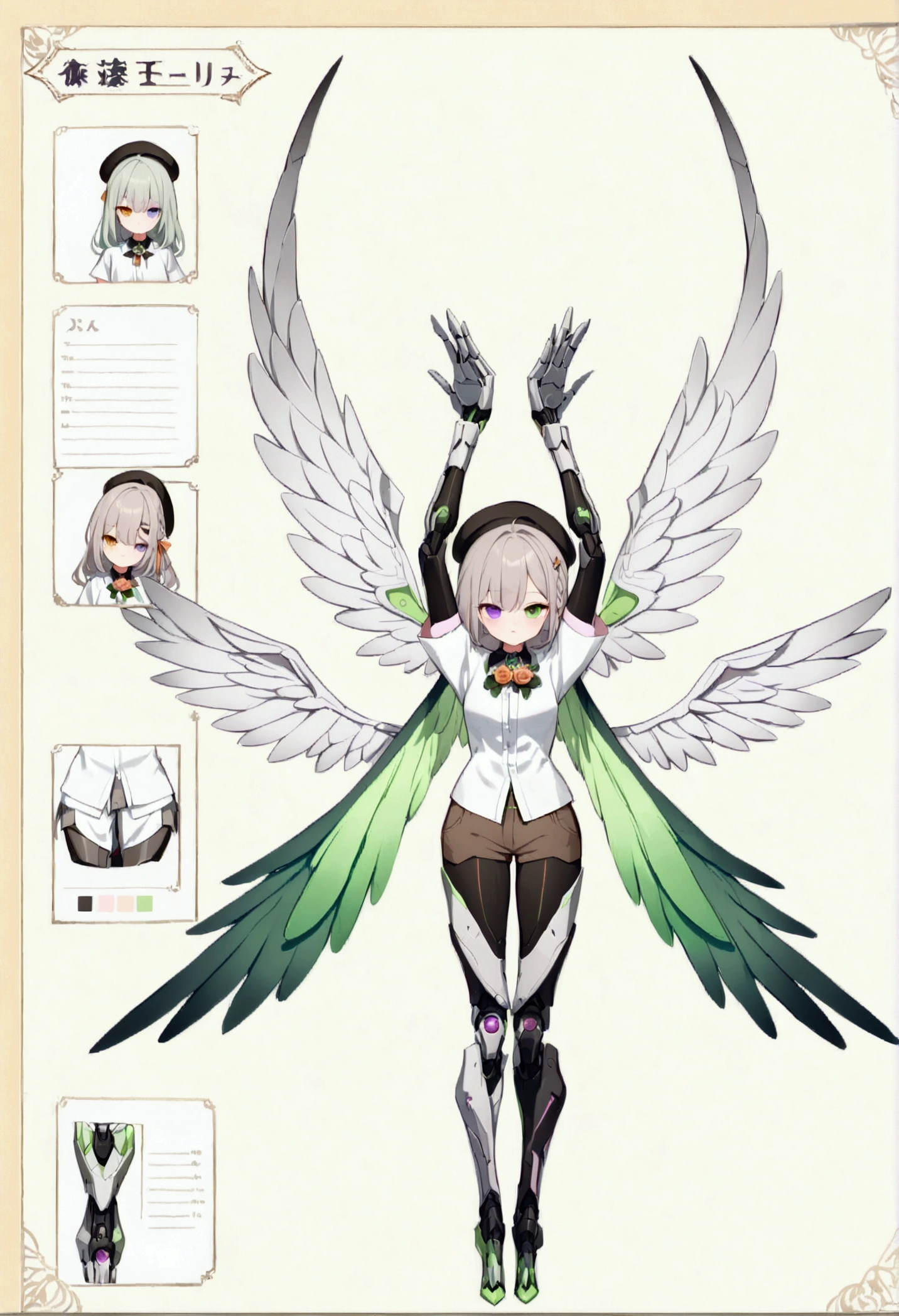woman 165cm tall, (whole body: 1.5), slim build, , charming look, ((heterocromia: ojo right naranja y ojo izquierdo violeta)), (Shoulder Length Wavy Gray Hair, short braid on the left side of the hair: 1.2, big open bangs, largo flequillo en el lado izquierdo y right del cabello sobre las mejillas , golden gear hairpin on the left side of the hair), (((complex mechanical legs up to the hip, The legs are black with gray parts and small pink details))), (((complex mechanical arms up to the elbows, The arms are black with gray parts and small pink details))), ((complex white mechanical angel wings with pastel green parts)), (elegant black French beret, orange rose ribbon on the beret: 1.2), (stylish white short sleeve button down shirt, dark brown shorts with straps from the waist, elegant black belt, small rose brooch on shirt collar, beautiful mechanical stilettos), (((full body character design sheet: vista 3/4))), ((Pastel yellow background)), extremely detailed hair, beautiful detailed clothing, extremely detailed arms, extremely detailed face, (Extremely detailed hands), perfect hands, beautiful detailed eyes, beautiful detailed lips, adorable, extremely detailed legs, (Best Quality, 8k, ultra resolution), ultra detailed, Exquisite and epic character art, (Focus on symmetry), (extremely detailed wings), (body position: standing, right, symmetrical), looking at the viewer, small face.