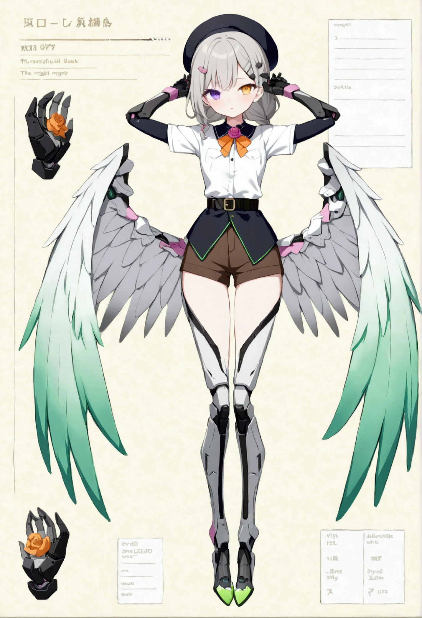 woman 165cm tall, (whole body: 1.5), slim build, , charming look, ((heterocromia: ojo right naranja y ojo izquierdo violeta)), (Shoulder Length Wavy Gray Hair, short braid on the left side of the hair: 1.2, big open bangs, largo flequillo en el lado izquierdo y right del cabello sobre las mejillas , golden gear hairpin on the left side of the hair), (((complex mechanical legs up to the hip, The legs are black with gray parts and small pink details))), (((complex mechanical arms up to the elbows, The arms are black with gray parts and small pink details))), ((complex white mechanical angel wings with pastel green parts)), (elegant black French beret, orange rose ribbon on the beret: 1.2), (stylish white short sleeve button down shirt, dark brown shorts with straps from the waist, elegant black belt, small rose brooch on shirt collar, beautiful mechanical stilettos), (((full body character design sheet: vista 3/4))), ((Pastel yellow background)), extremely detailed hair, beautiful detailed clothing, extremely detailed arms, extremely detailed face, (Extremely detailed hands), perfect hands, beautiful detailed eyes, beautiful detailed lips, adorable, extremely detailed legs, (Best Quality, 8k, ultra resolution), ultra detailed, Exquisite and epic character art, (Focus on symmetry), (extremely detailed wings), (body position: standing, right, symmetrical), looking at the viewer, small face.