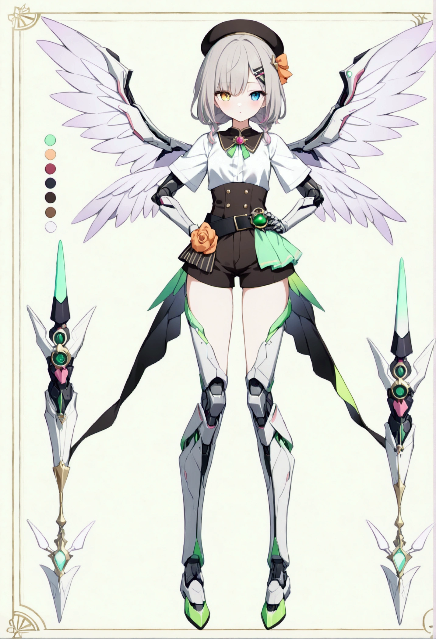 woman 165cm tall, (whole body: 1.5), slim build, , charming look, ((heterocromia: ojo right naranja y ojo izquierdo violeta)), (Shoulder Length Wavy Gray Hair, short braid on the left side of the hair: 1.2, big open bangs, largo flequillo en el lado izquierdo y right del cabello sobre las mejillas , golden gear hairpin on the left side of the hair), (((complex mechanical legs up to the hip, The legs are black with gray parts and small pink details))), (((complex mechanical arms up to the elbows, The arms are black with gray parts and small pink details))), ((complex white mechanical angel wings with pastel green parts)), (elegant black French beret, orange rose ribbon on the beret: 1.2), (stylish white short sleeve button down shirt, dark brown shorts with straps from the waist, elegant black belt, small rose brooch on shirt collar, beautiful mechanical stilettos), (((full body character design sheet: vista 3/4))), ((Pastel yellow background)), extremely detailed hair, beautiful detailed clothing, extremely detailed arms, extremely detailed face, (Extremely detailed hands), perfect hands, beautiful detailed eyes, beautiful detailed lips, adorable, extremely detailed legs, (Best Quality, 8k, ultra resolution), ultra detailed, Exquisite and epic character art, (Focus on symmetry), (extremely detailed wings), (body position: standing, right, symmetrical), looking at the viewer, small face.