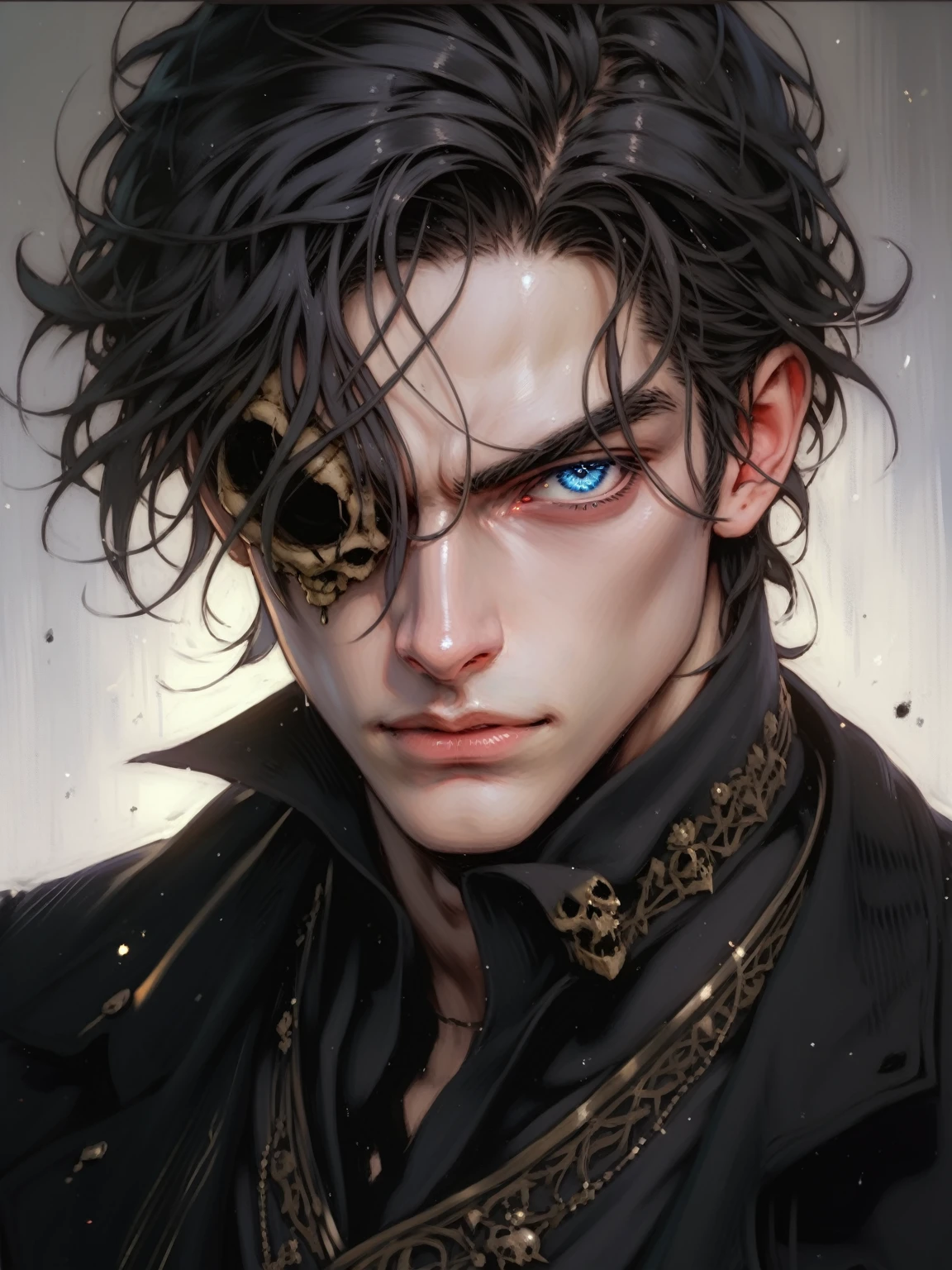 absurdities, High resolution, ultra detailed, HdR, masterpiece, Extremely detailed face and eyes, medium black hair, disheveled, bushy eyebrows, White skin, serious, expressive blue eyes, detailed eyes, LOOKING AT THE SPECTATOR, 1 man, elegant, black magic shit, masculine, sorcery clothing, dark aura background, background skulls, Complete plan