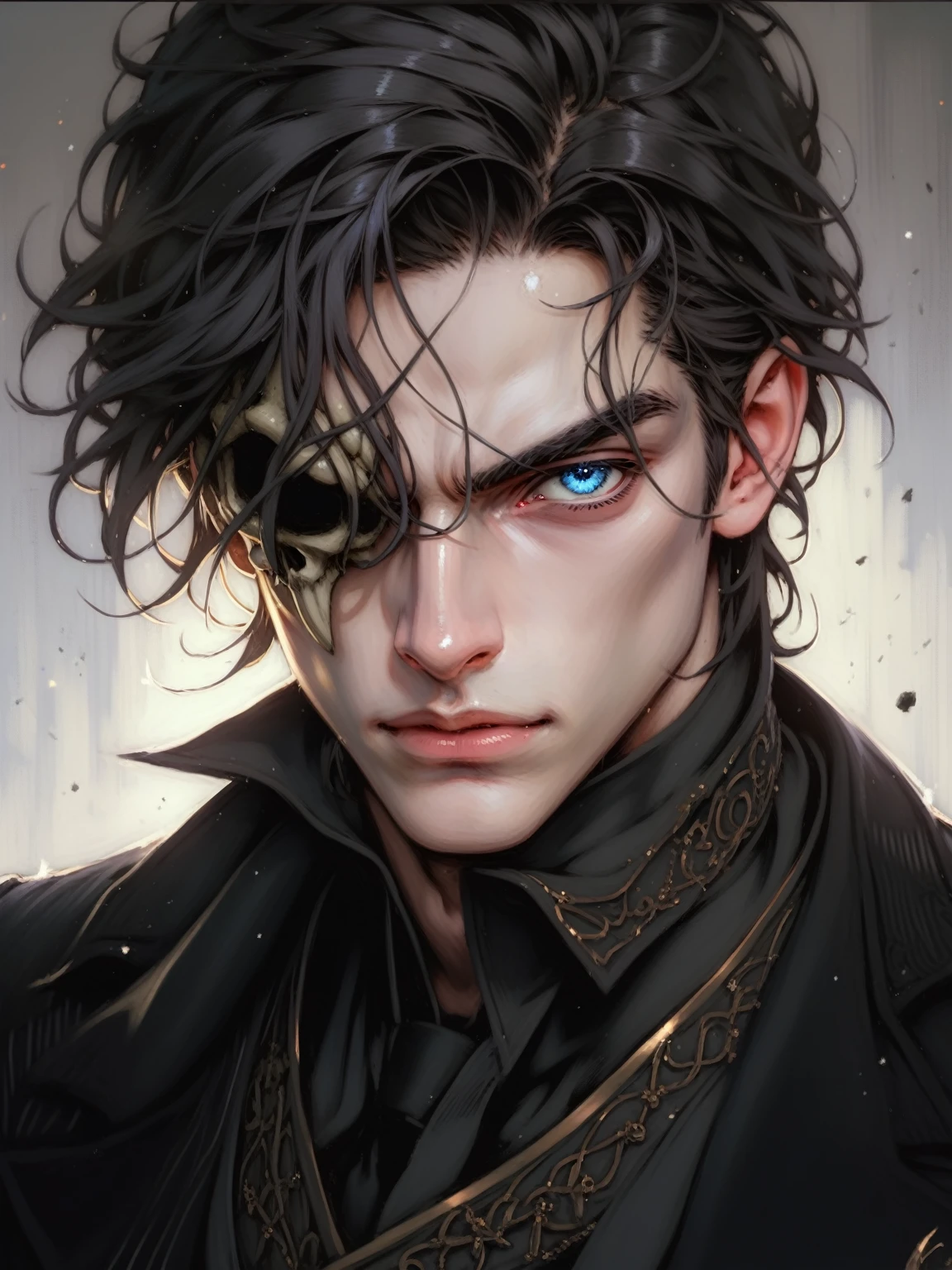 absurdities, High resolution, ultra detailed, HdR, masterpiece, Extremely detailed face and eyes, medium black hair, disheveled, bushy eyebrows, White skin, serious, expressive blue eyes, detailed eyes, LOOKING AT THE SPECTATOR, 1 man, elegant, black magic shit, masculine, sorcery clothing, dark aura background, background skulls, Complete plan