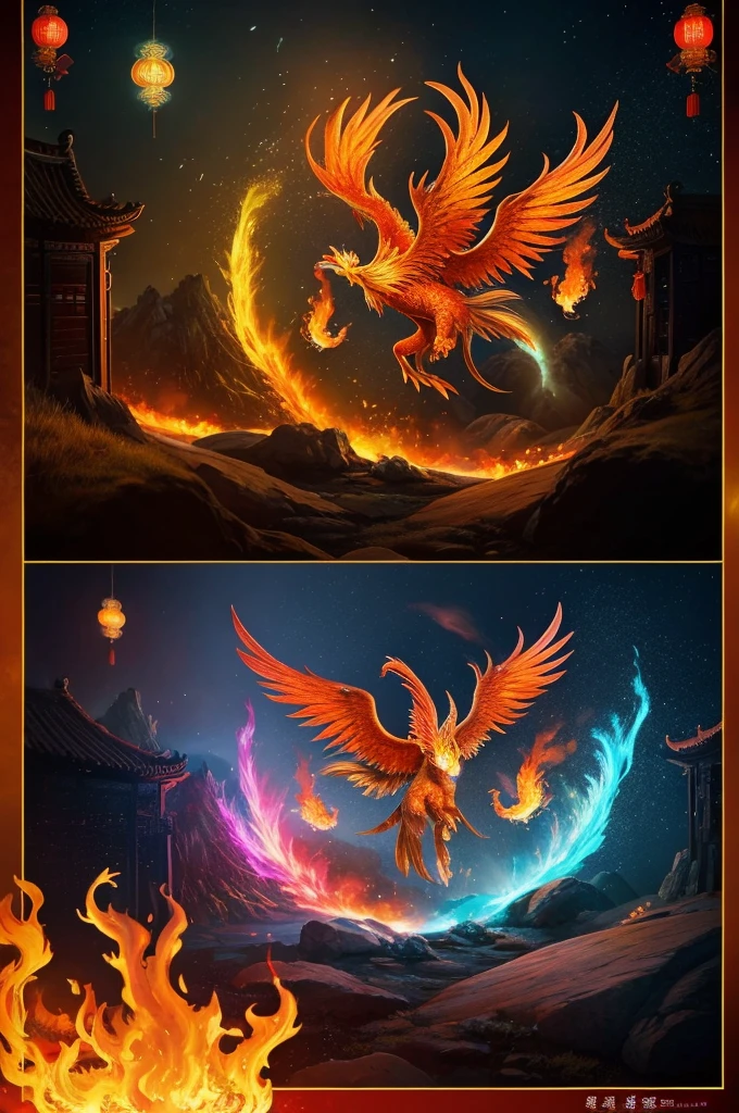 Mythical creatures，（（Fire Phoenix in Chinese Mythology）），Traditional Chinese Elements，Ancient murals，Examples of myths，The Legend of Fuyao，Spotted Light，Hazy haze，Mysterious Aura，masterpiece，khd，Colorful，Detailed explanation，Seven Colors