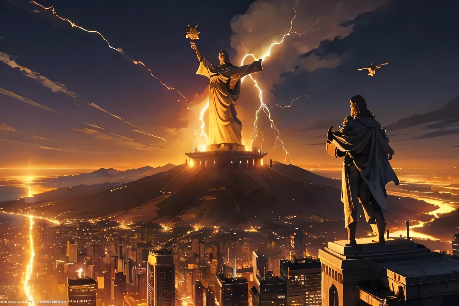 the statue of Christ the Redeemer with the theme of the game fallout 4, night scenery with lightning, realistic photo and very high resolution. gargoyles flying over the scenery.