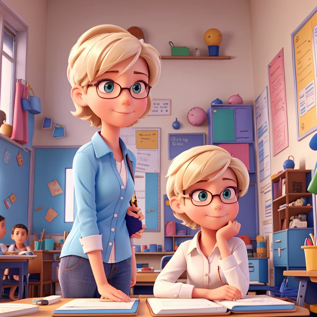 Dana is a white teacher with short hair and she meets boys and girls in a room with colors and notebooks.