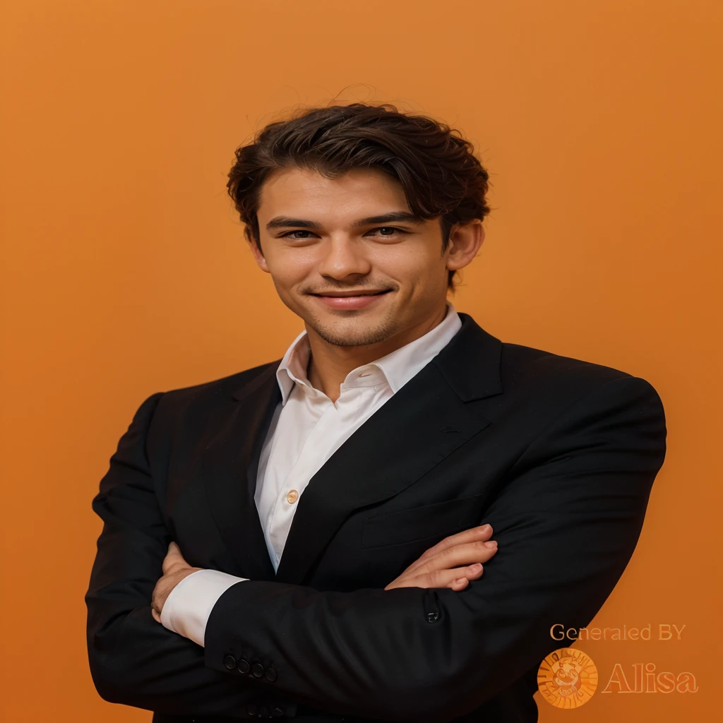 Frontal view , Portrait of man in black suit smiling , orange background editorial style highdefinition ultrarealistic details in the style of portrait photography