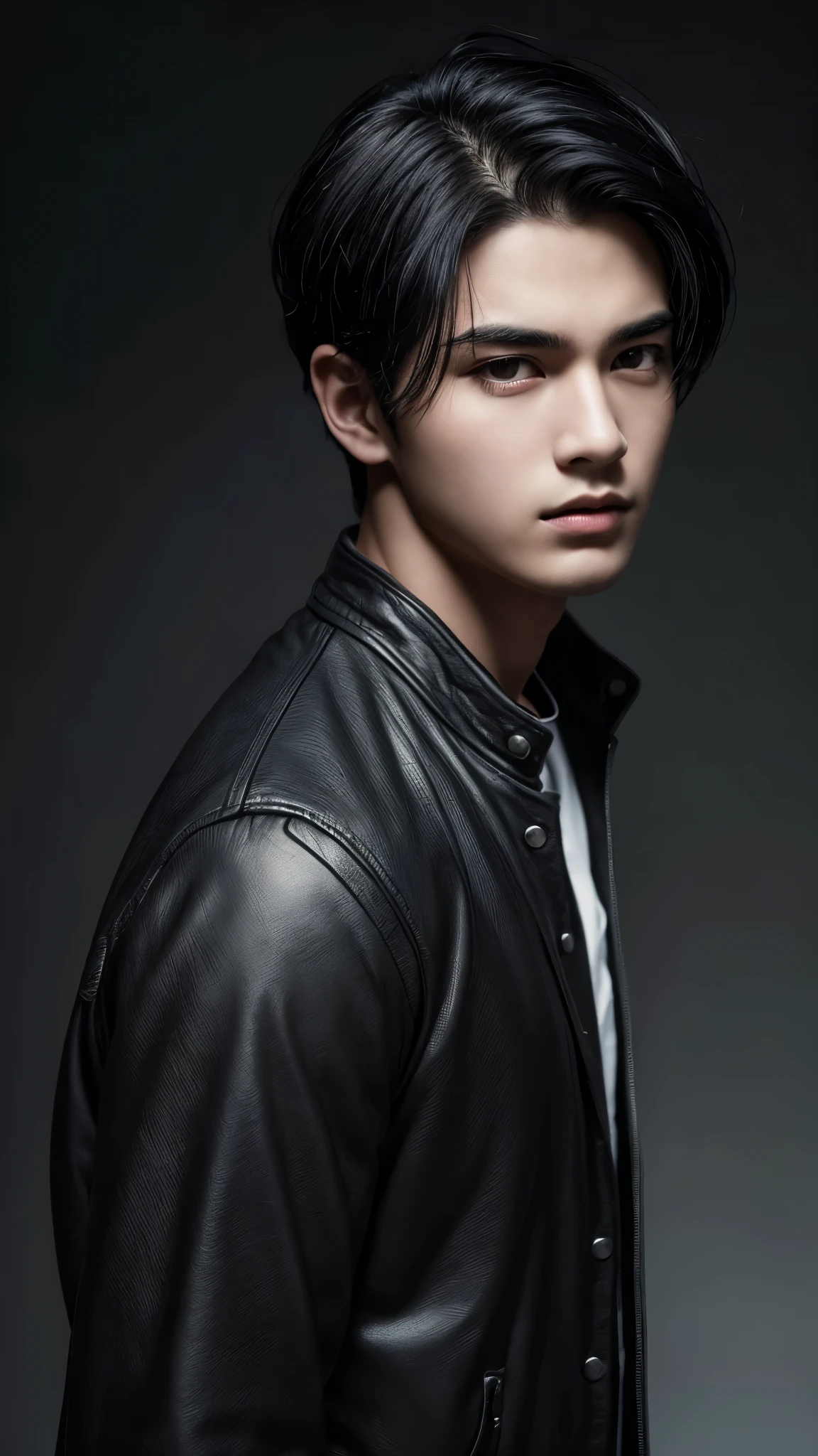 There is a young man, with Black Hair, look to the side, With a gloomy atmosphere, masterpiece, Highest quality, Realistic, 1 person, Male Focus, good looking, [Thick eyebrows], Portraiture, Highly detailed face, Black Hair, (short hair)
