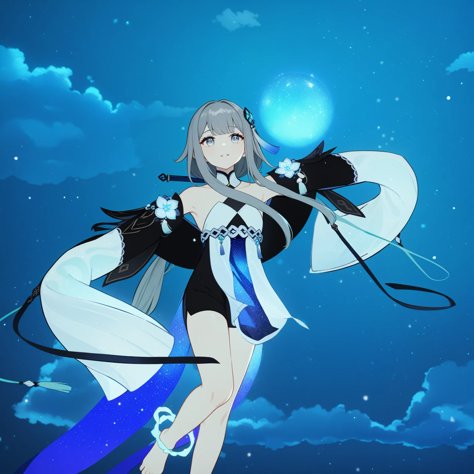 1girl, guizhong_\(genshin_impact\),grey hair with mint gradient,short_hair_with_long_locks in front and low ponytail in back,pale grey eyes with mint gradient,starry_sky_print,detached_sleeves, hands completely hidden by long sleeves,stunning field of softly glowing cerulean and white glaze lilies,night scene,gentle smile,face focus, eye focus,moonlight,glossy lips,vivid anime coloring,cel shading,smooth, soft dreamy focus,anklet,halter_top,white clothes,highly detailed,digital painting,bare_shoulders,barefoot,cool night tones, magical night scene,bokeh, professional,fireflies,Guardian nebula of rainbow and silvery vapor,harmonious blend of nature and art,transcendent beauty,awe-inspiring artwork,(best quality,4k,8k,highres,masterpiece:1.2)