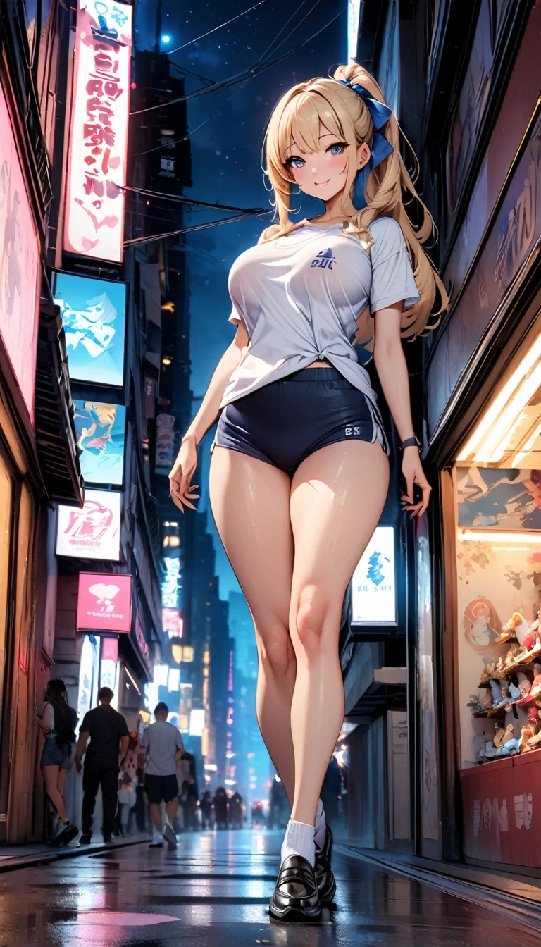 Highest quality, masterpiece, figure, wallpaper, one girl, alone, tight white urban t-shirt, sports jeans, sports shoes, full body, blonde hair, semi-long hair, beautiful detailed girl, highly detailed eyes and face, beautiful attention in detail, smile, bright, clean.空, see your viewers, exterior, night sky, stars, loafers, straight hair, purple petals, violet and blue flowers, blue eyes, ponytail, blue ribbon, beautiful thighs, breasts big, red eyes, full body, in the city park