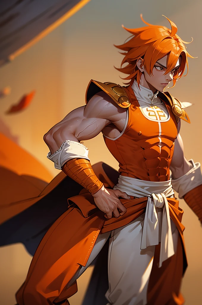 Tanned, young athletic male with long, orange saiyan hair, wearing orange armour plating, wearing red feathers around his waist, in fantasy style,