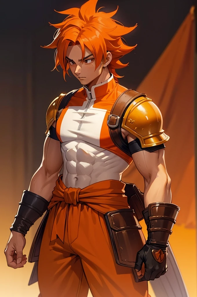 Tanned, young athletic male with long, orange saiyan hair, wearing orange armour plating, wearing red feathers around his waist, in fantasy style,