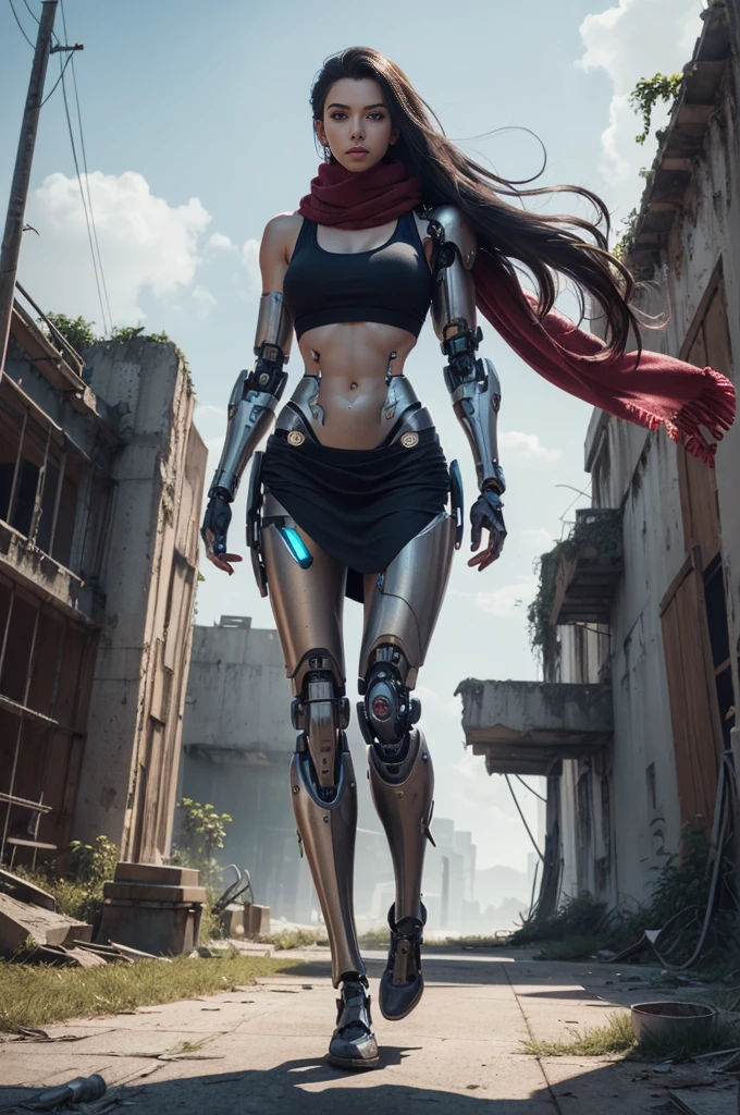 (1 skinny female cyborg :1.2), confidence, futuristic aerodynamic heavy mechanical arm, unreal engine, (extremely long voluminous hair :1.6), ((long scarf)), crop tank, low-rise maxi skirts, (strong directional wind), old abandoned overgrown ruins