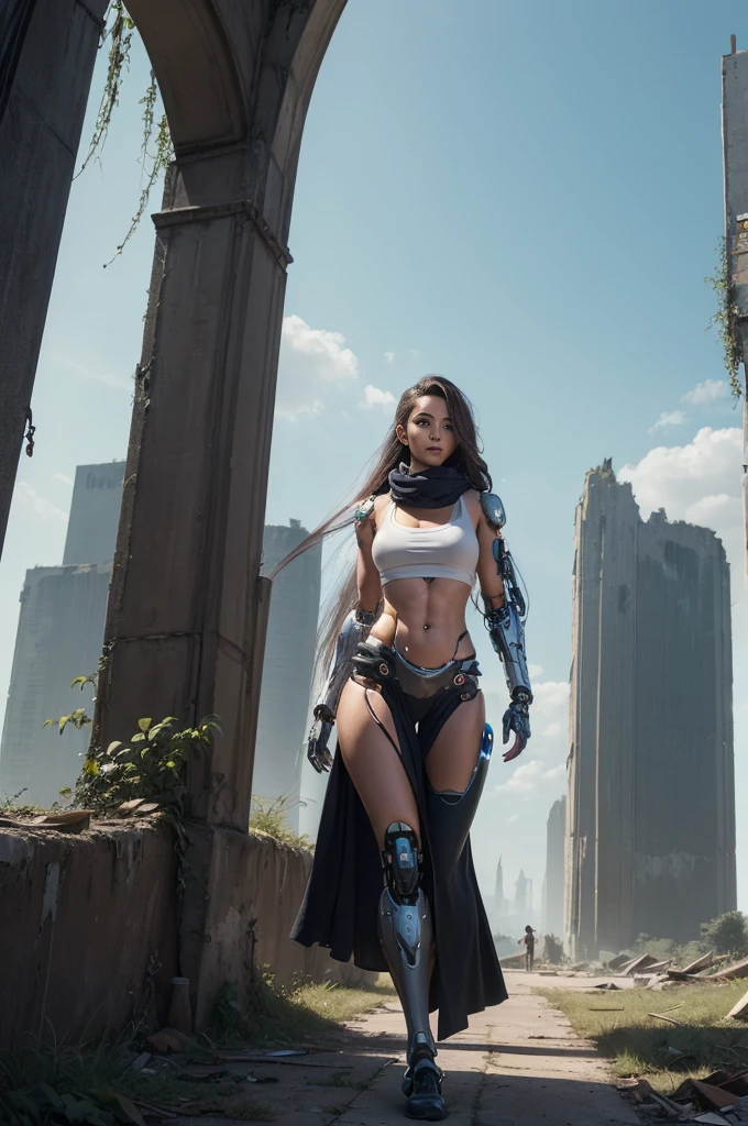 tall skinny female cyborg, confidence, futuristic aerodynamic heavy mechanical arm, unreal engine, extremely long straight hair, long scarf, crop tank, low-rise maxi skirts, strong directional wind, old abandoned ruins