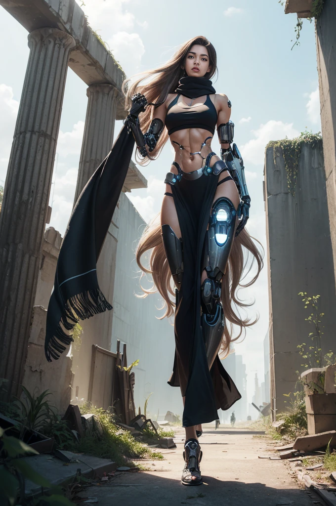 (1 skinny female cyborg :1.2), confidence, futuristic aerodynamic heavy mechanical arm, unreal engine, (extremely long voluminous hair :1.6), ((long scarf)), crop tank, low-rise maxi skirts, (strong directional wind), old abandoned overgrown ruins