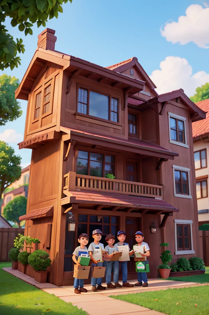 three delivery men standing in front of a house with boxes, delivering parsel box, delivering mail, delivering packages for amazon, commercial illustration, cartoon style illustration, cg art, high quality illustration, stylized digital illustration, avatar image, detailed 2d illustration, cartoon illustration, promotional render, photo render, cute boys, high detailed cartoon, advertising photo, b, rendered art