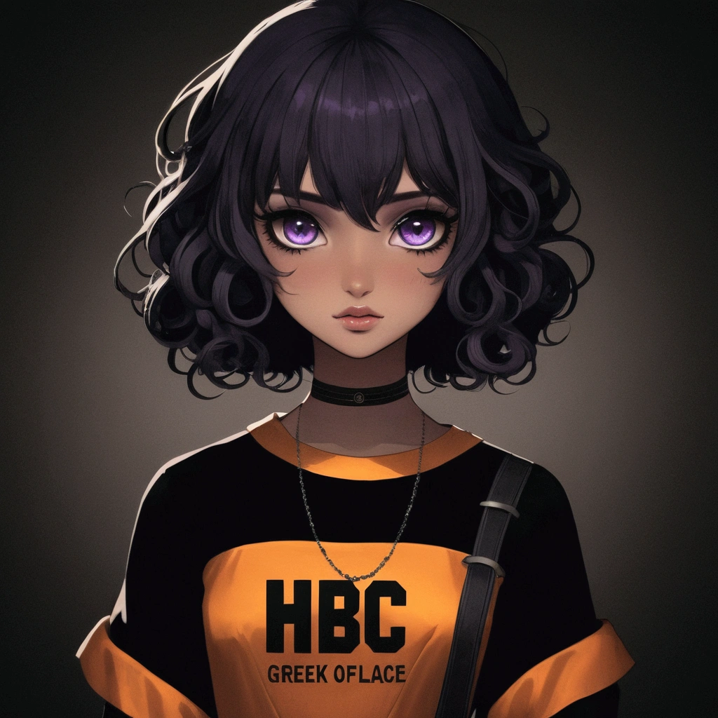 ((best quality)), ((work of art)), (detailed), 1 a girl with ((BROWN skin)) ((brown skin)) , ((short hair)) bluish black hair ((curly hair)), ((curly Black hair)) (( Very Very Curly hair)), bright violet ((eyes violet LIGHT)) ((EXPRESSION OF POWER)), GOTHIC style. ((Greek goddess outfit)) ((black with silver details)) detailed, goddess of dead roses, ANIME black brunette. ((dark place background))