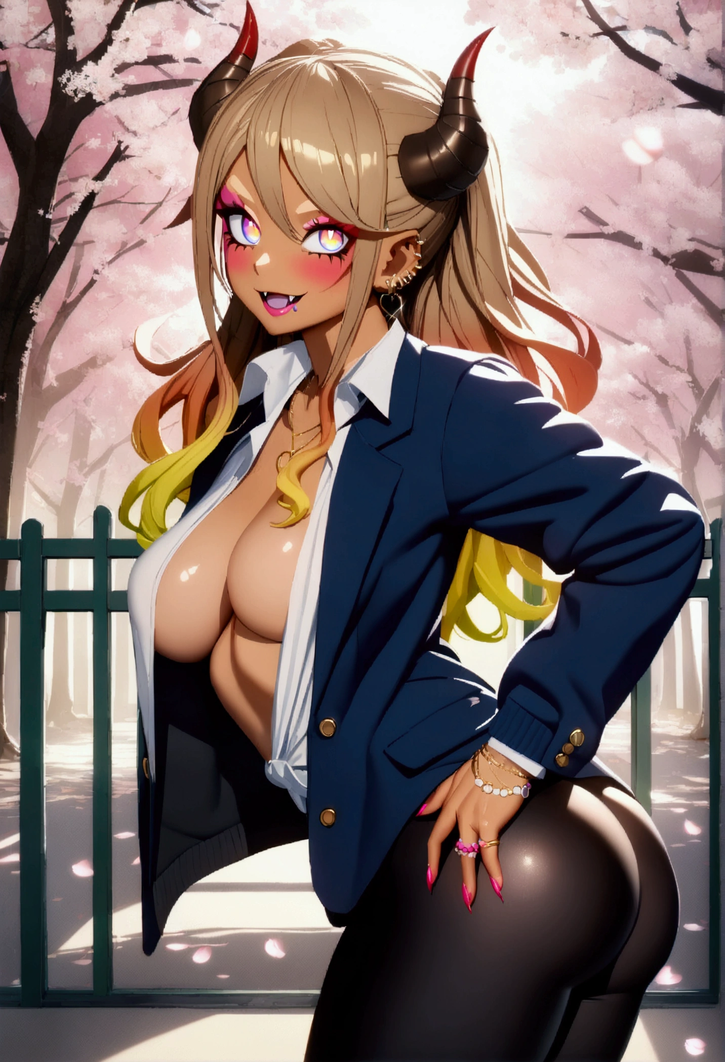 (anime style),masterpiece, best quality, ultra-detailed, glistening shiny, glowing light, ray tracing, HDR, deph of field, (perfect face, detailed face, detailed eyes),(medium boobs:1.2),8k,HD,ultra realistic face,ray tracing,perfect lighting,best quality, ultra-detailed, shiny eyes, (looking at viewer,sensual smile:1.1), ((1girl)), (gyaru, mature female:1.4),cowboy shot, power,long hair,sharp teeth, demon horns, red horns,symbol-shaped pupils,((gradient hair)),multicolored eyes, gradient eyes, (glowing eyes:1.1), mascara, (fashion make up), parted lips,collared shirt,open coat, blue coat, black yoga pants, ((school, school gate, cherry trees, cherry blossoms, flying petals)),complex background,((super detailed background)), sensual poses, ((8k wallpaper)) , fangs,show ass