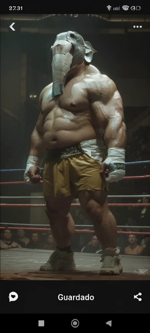 Fighter hibrid human and shark, DC Comics character King Shark, fat, plump, belly, musculated, dressed as fighter in a boxing ring. Realistic style, cinematic, amazing lightning