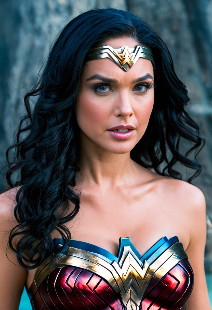 Very close up,(((Diaema wonder woman)))(((wonder woman))),(((Ella Bleu Travolta ))),(((long black hair))),(((With part of his head shaved))),bajo el manto de la Guerrera amazona wonder woman))),(((Front images))),(((Splash color images))),(((Traje Man Of Steel Movie))),(((long black hair))),(((With part of his head shaved))),(((long black hair))),(((Diaema wonder woman))),(((Tiara wonder woman))),(((front face images))),(((Tiara wonder woman)))