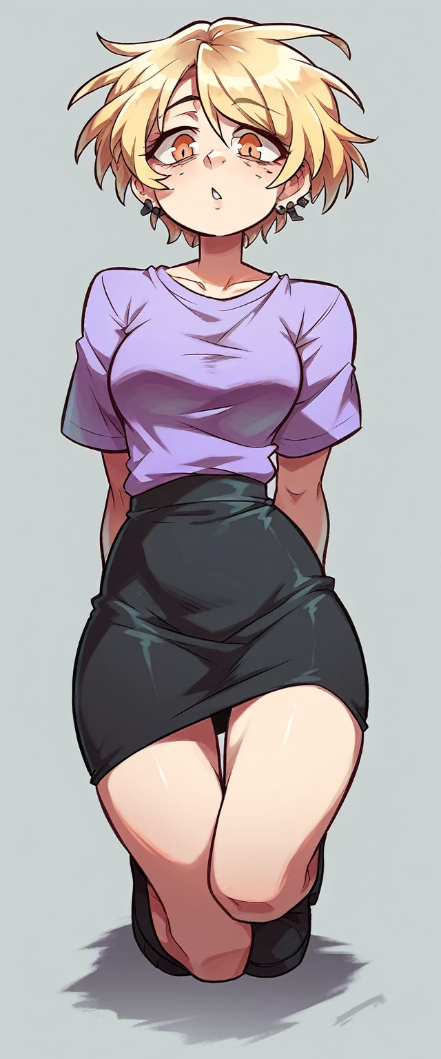 A cute sexy woman beautiful ash blonde hair round short messy cut her slanted orange eye wears white blouse under simple purple shirt and a tight black skirt black heel