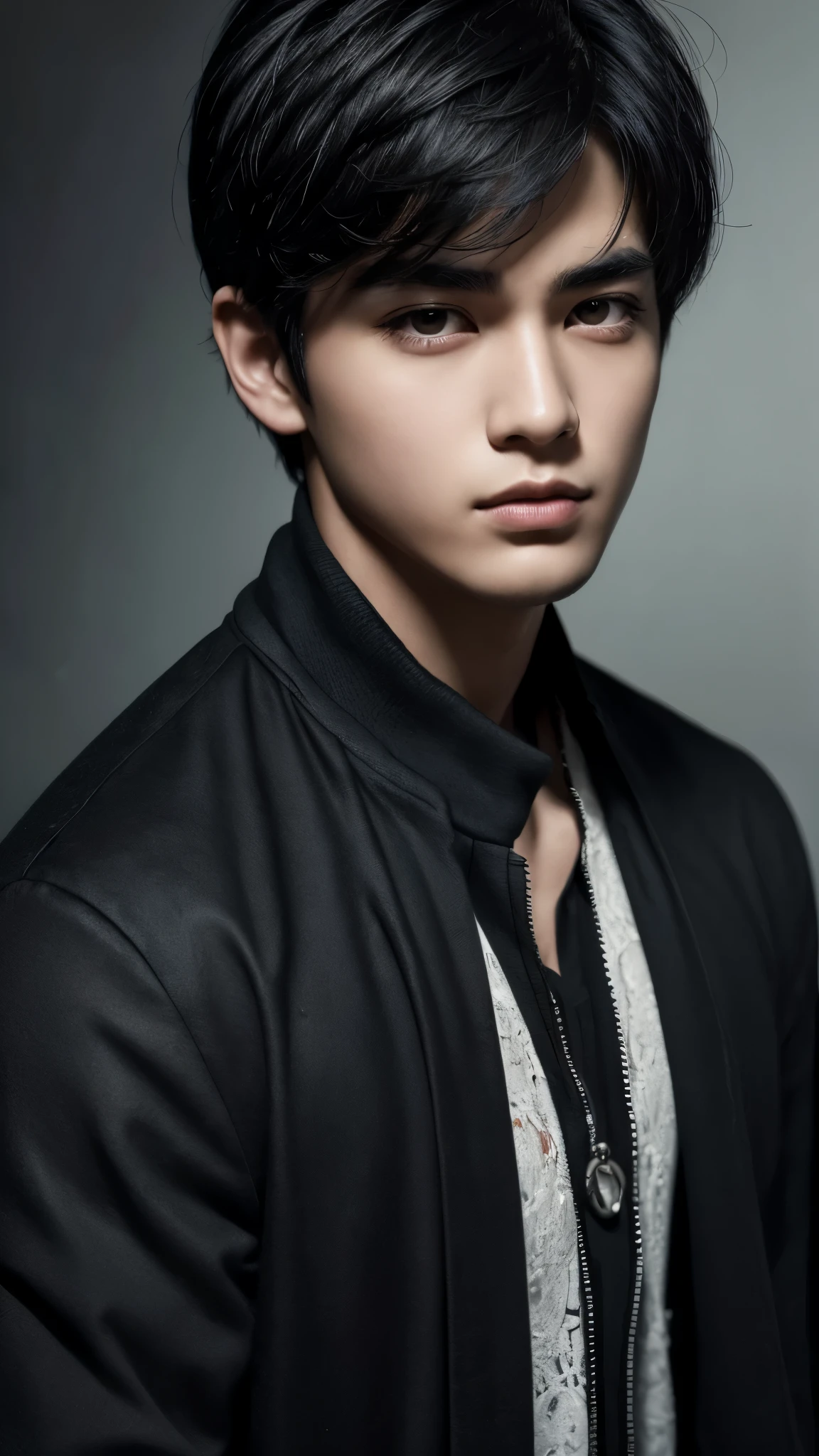 There is a young man, with Black Hair, look to the side, With a gloomy atmosphere, masterpiece, Highest quality, Realistic, 1 person, Male Focus, good looking, [Thick eyebrows], Portraiture, Highly detailed face, Black Hair, (short hair)