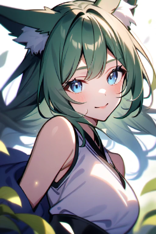 Older woman (30 years)
Fox ears green hair and blue eyes 