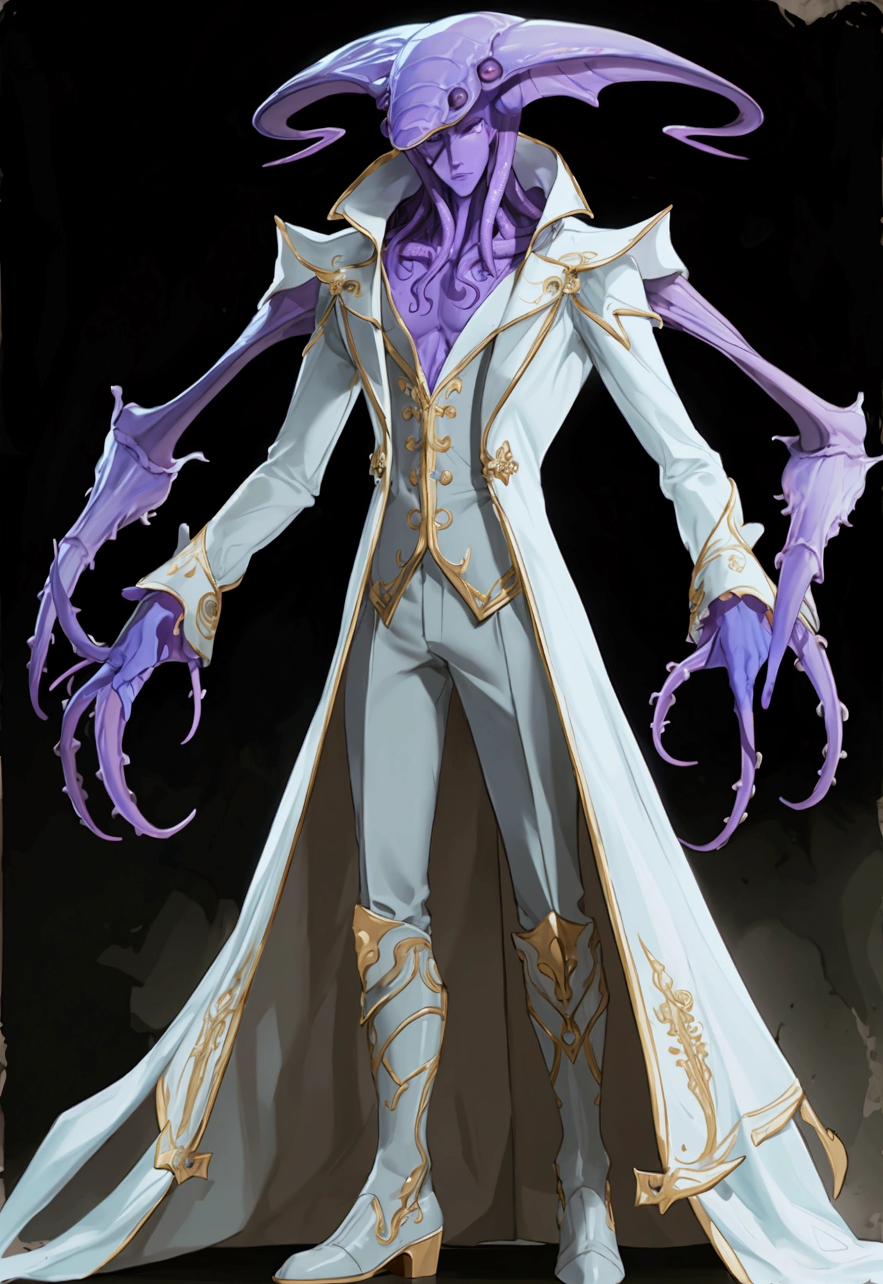Mind flayer，Inspired by Dungeons & Dragons，Full body concept art illustration of Mind Flayer。The character has human-like proportions，tall、slim and muscular。The character has 4 tentacles extending from its chin，Light purple skin，Almost Blue。The character is dressed in exquisite、Luxurious white academic robes and ornate leather boots。Background is blank