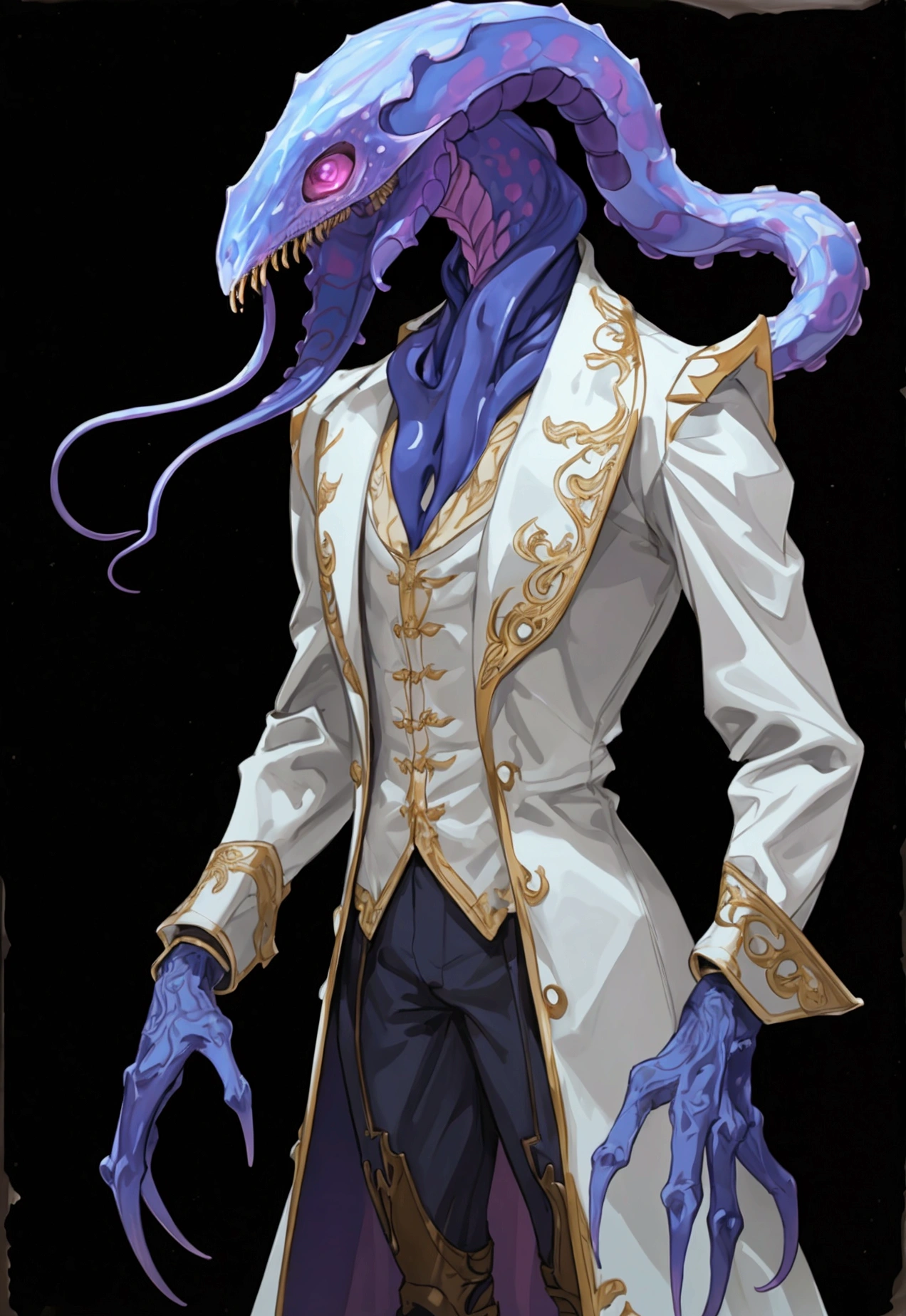 Mind flayer,Inspired by Dungeons & Dragons,Full body concept art illustration of Mind Flayer。The character has human-like proportions,tall、slim and muscular。The character has 4 tentacles extending from its chin,Light purple skin,Almost Blue。The character is dressed in exquisite、Luxurious white academic robes and ornate leather boots。Background is blank