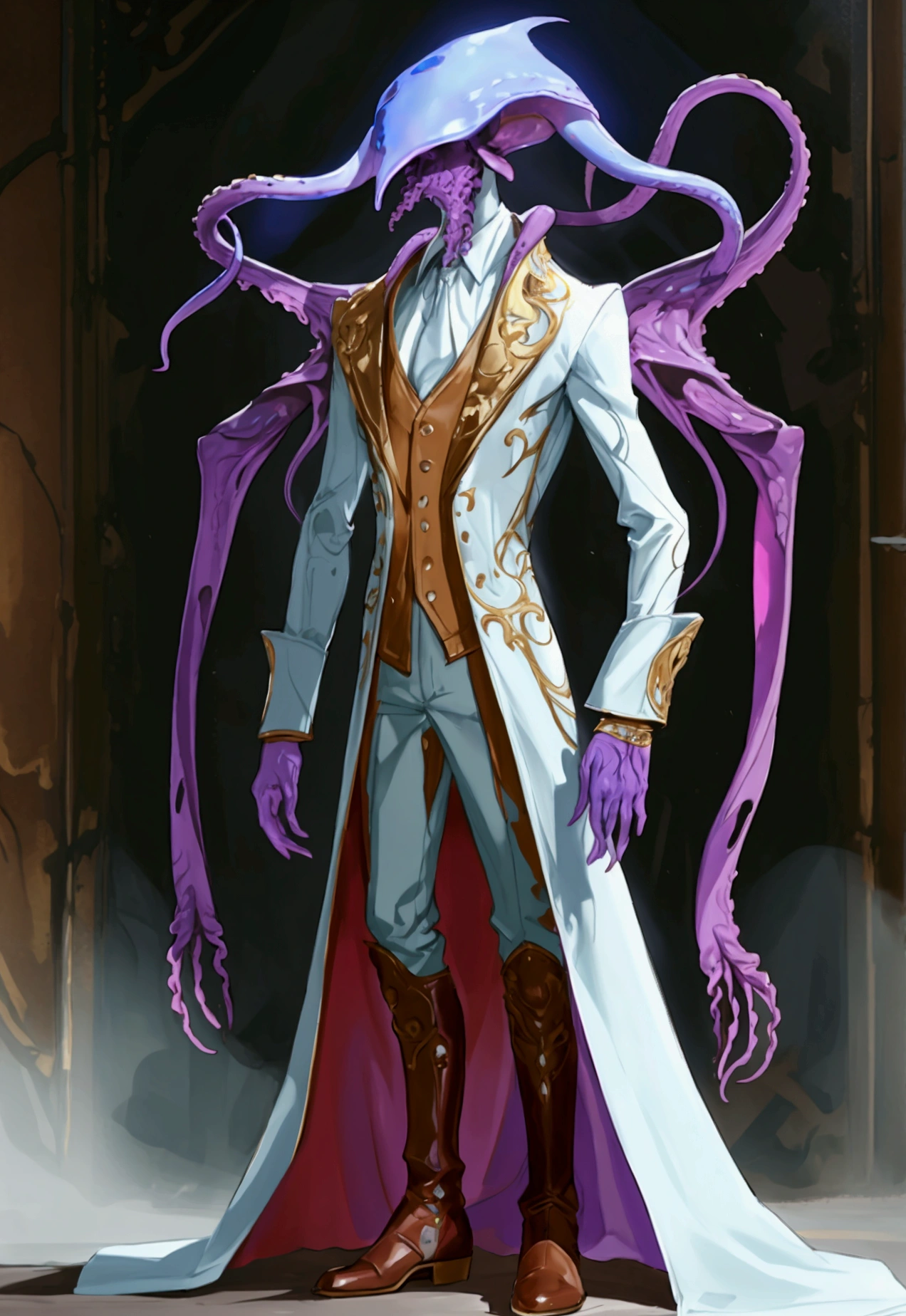 Mind flayer，Inspired by Dungeons & Dragons，Full body concept art illustration of Mind Flayer。The character has human-like proportions，tall、slim and muscular。The character has 4 tentacles extending from its chin，Light purple skin，Almost Blue。The character is dressed in exquisite、Luxurious white academic robes and ornate leather boots。Background is blank